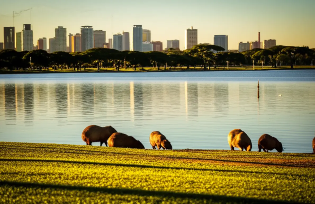 Capivaras no Parque Barigui, Curitiba ao pôr do sol.