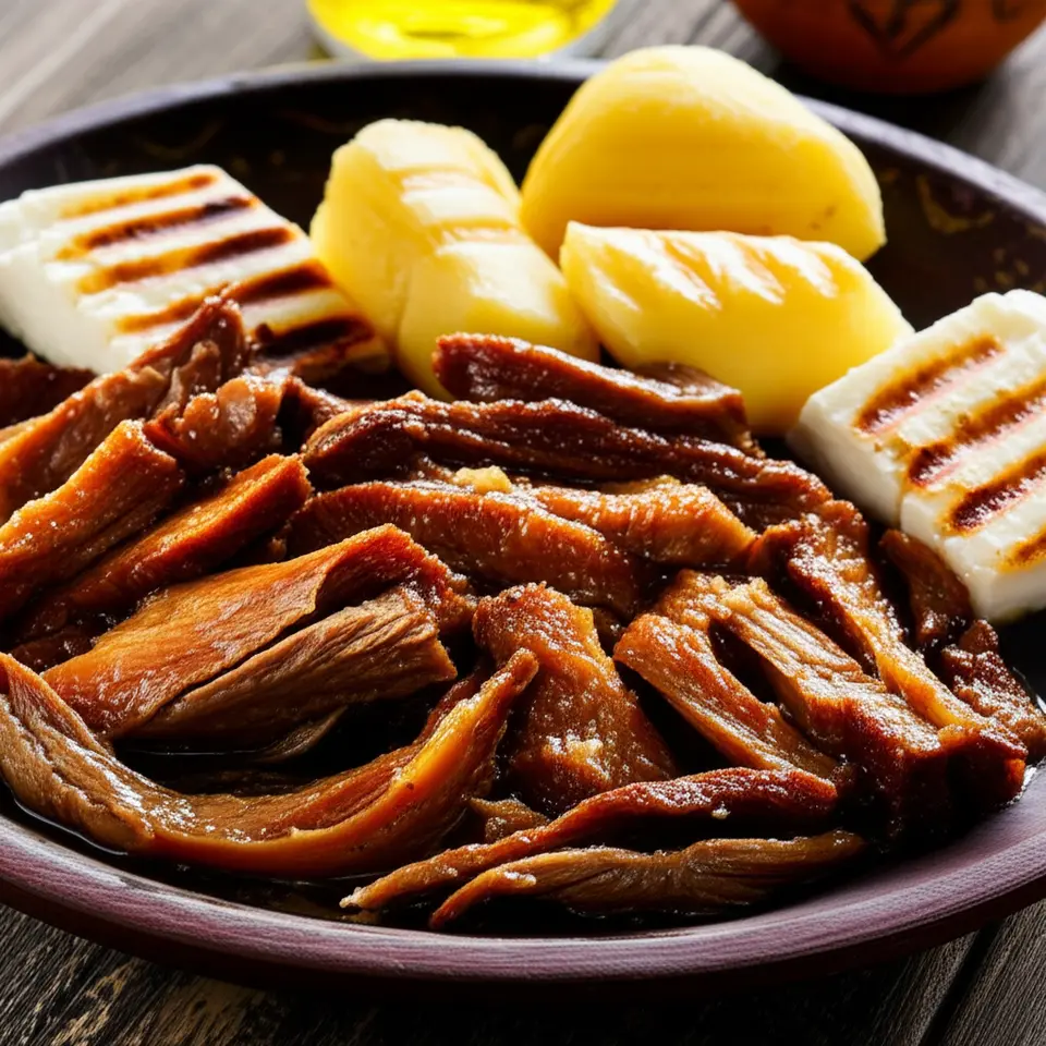 Prato de Carne de Sol com Macaxeira em um restaurante rústico.