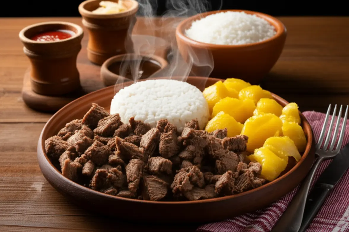 Prato de Carne de Sol com Baião de Dois cremoso.