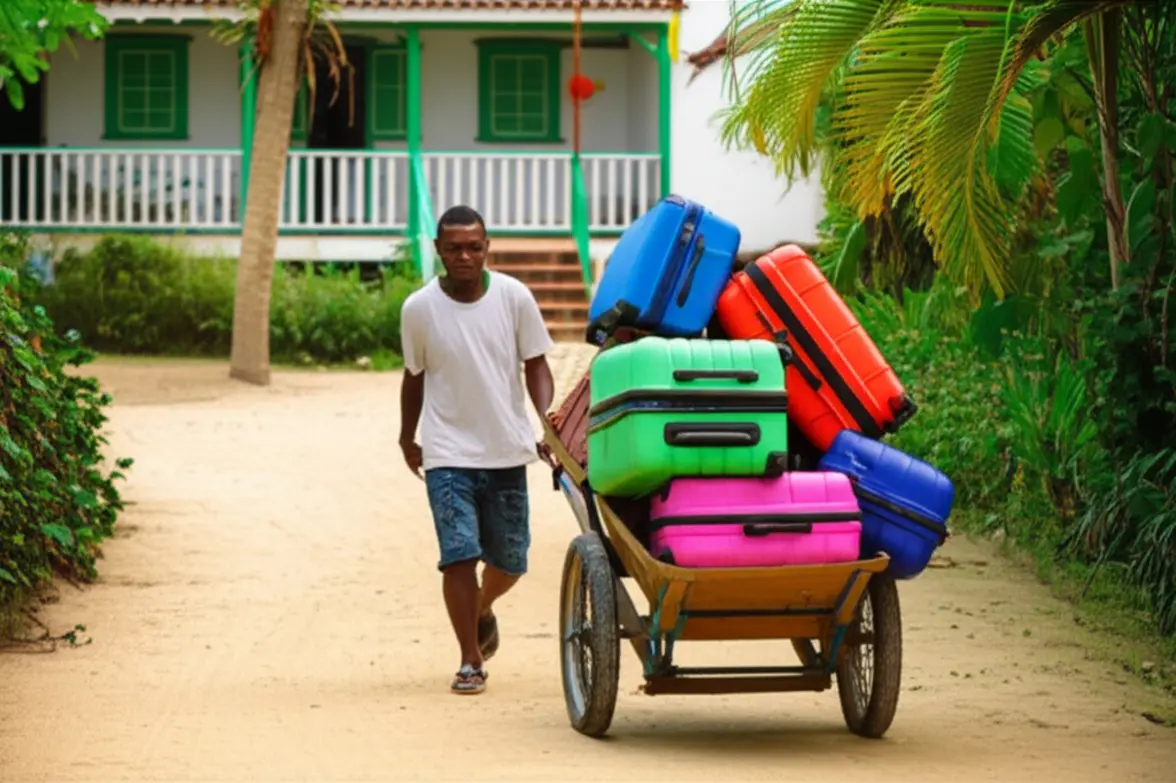 Homem empurrando um carrinho de mão carregado de malas em uma rua de areia em Morro de São Paulo.
