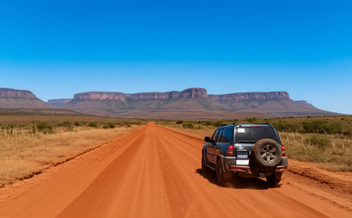 SUV em estrada de terra vermelha no cerrado brasileiro sob céu azul.
