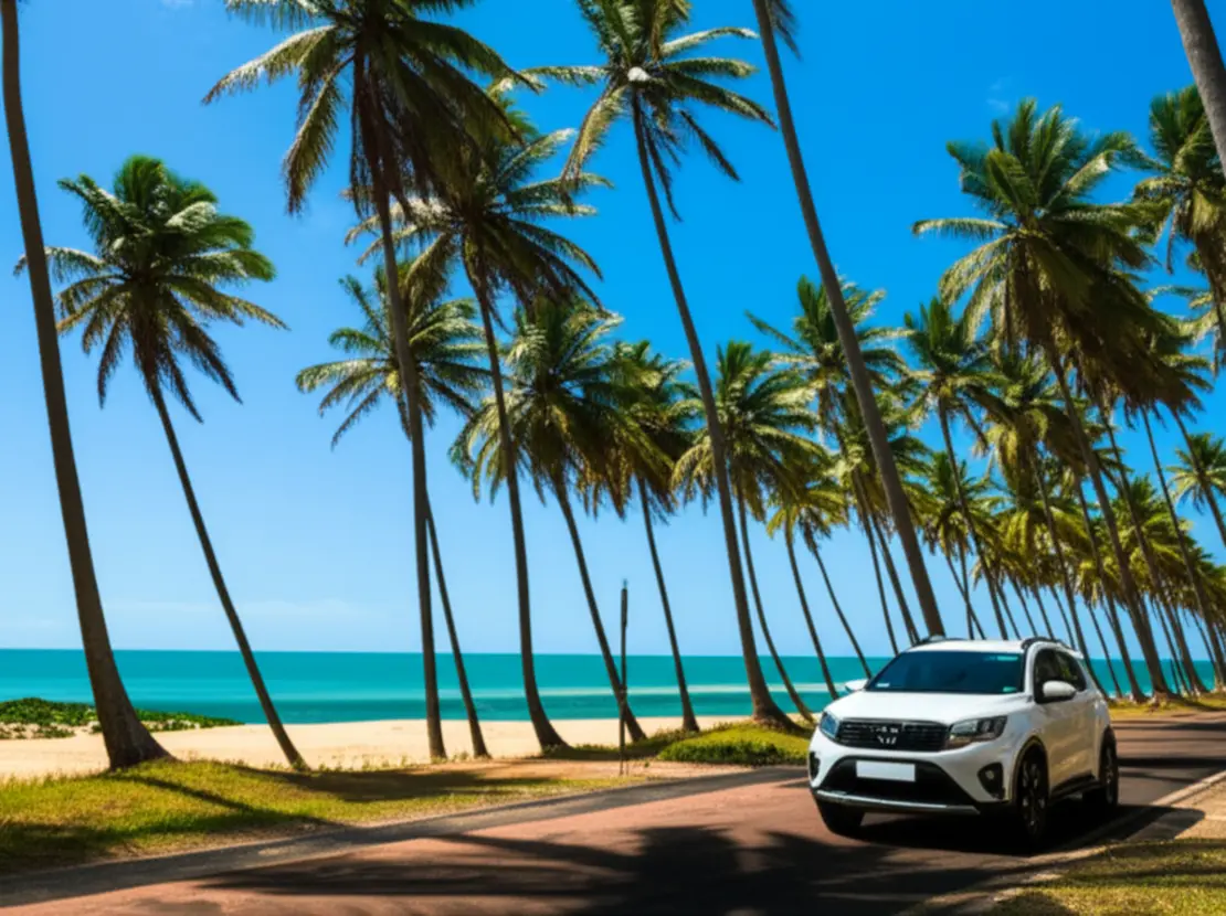 Veículo alugado estacionado em estrada litorânea arborizada, simbolizando a liberdade de viagem.