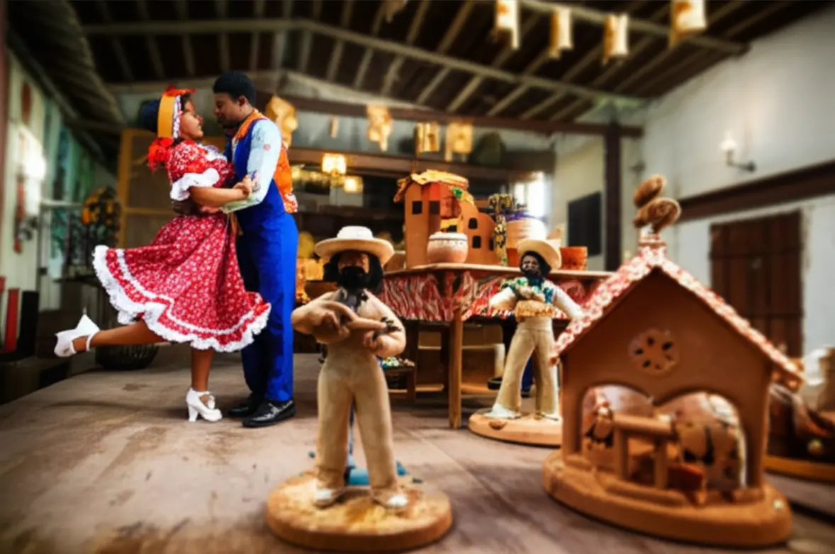 Casal dançando forró com esculturas de barro de Mestre Vitalino, Caruaru.