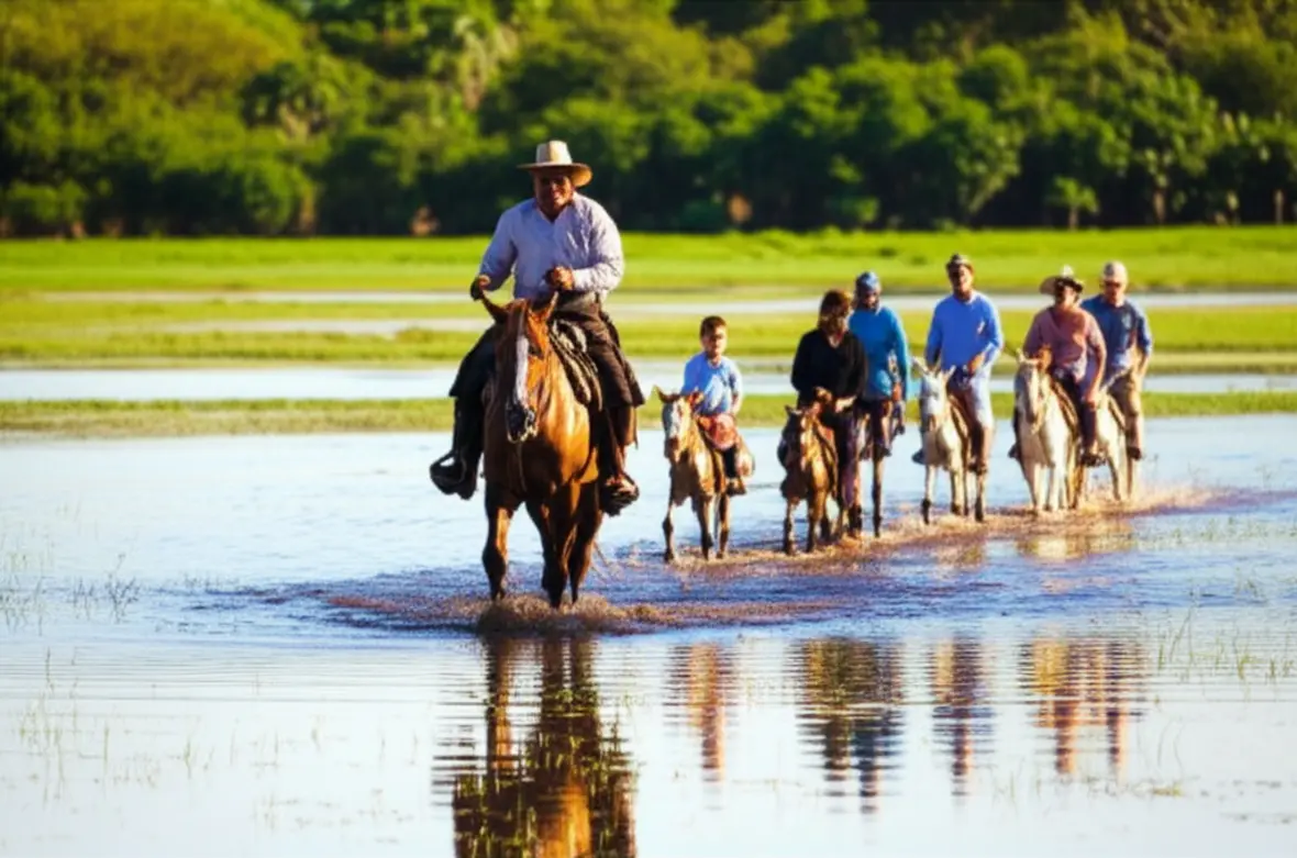 Peão e turistas a cavalo em uma cavalgada no Pantanal.