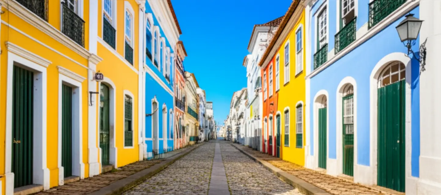 Rua estreita de paralelepípedos em São Luís com casarões coloniais azulejados.