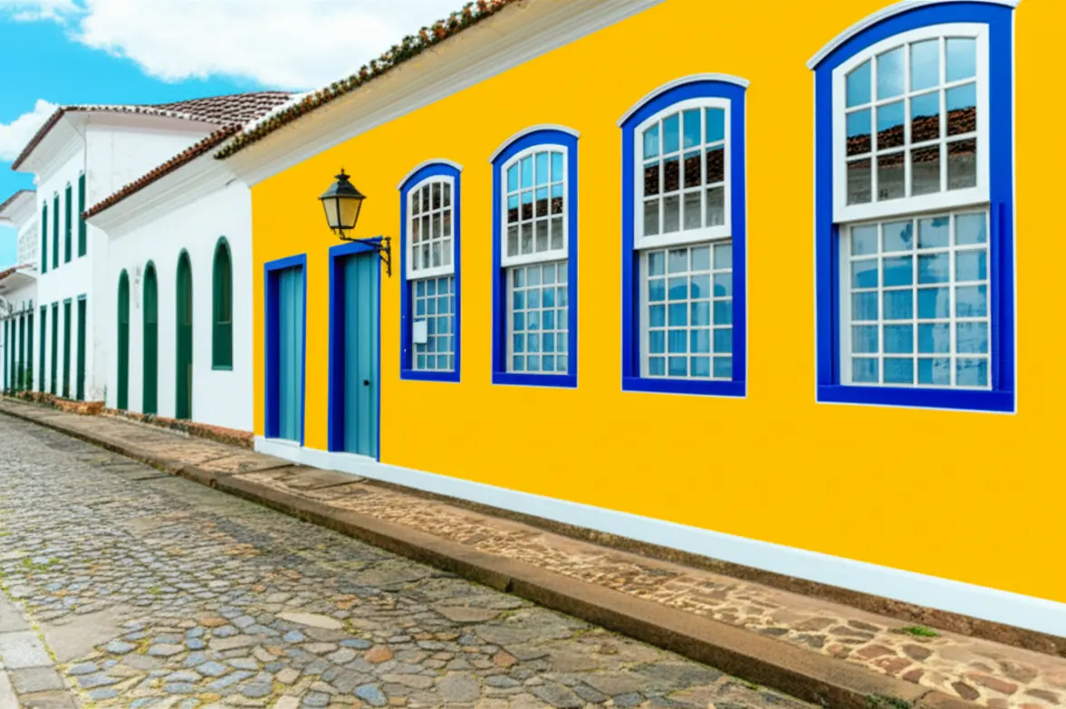 Casarão colonial amarelo nas ruas de pedra de Paraty.