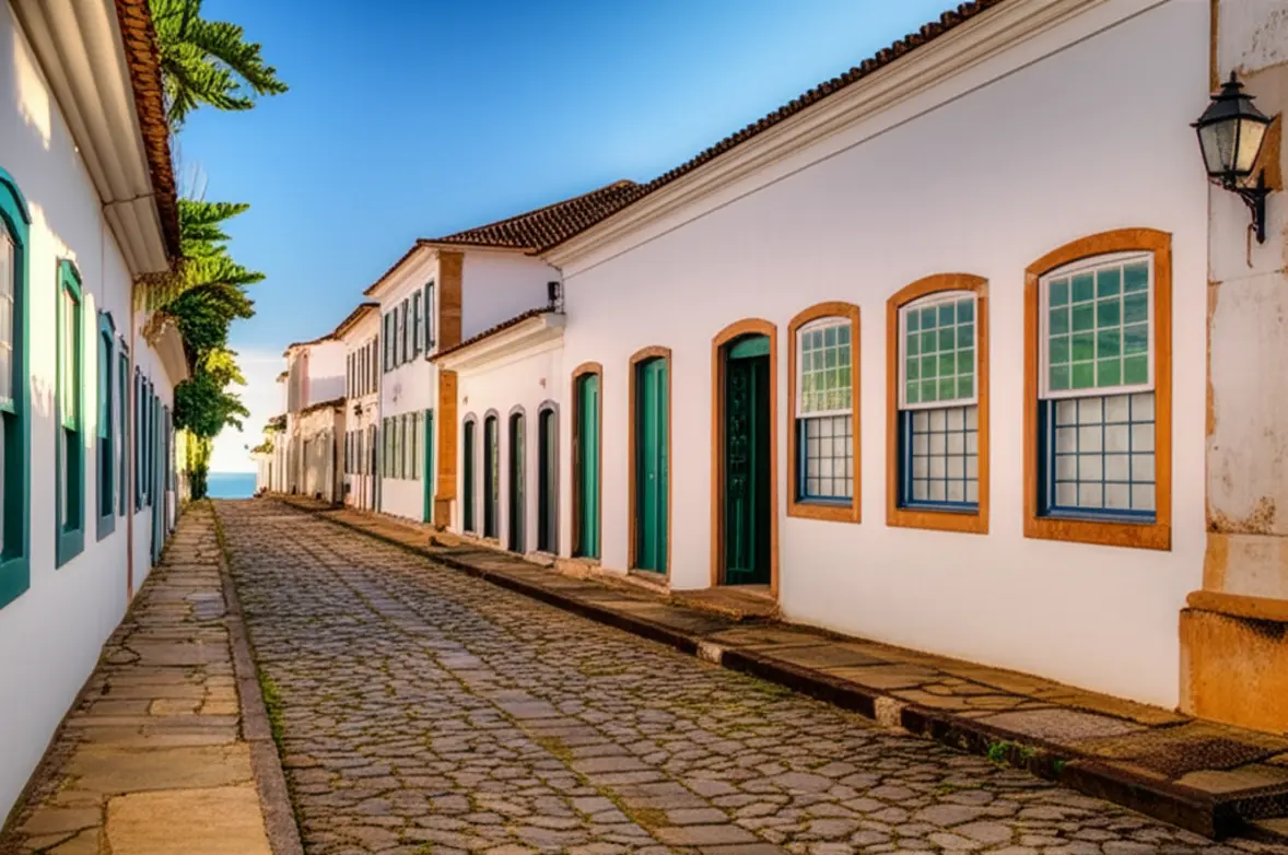 Fachada de casarões coloniais coloridos no Centro Histórico de São Sebastião com ruas de paralelepípedo.