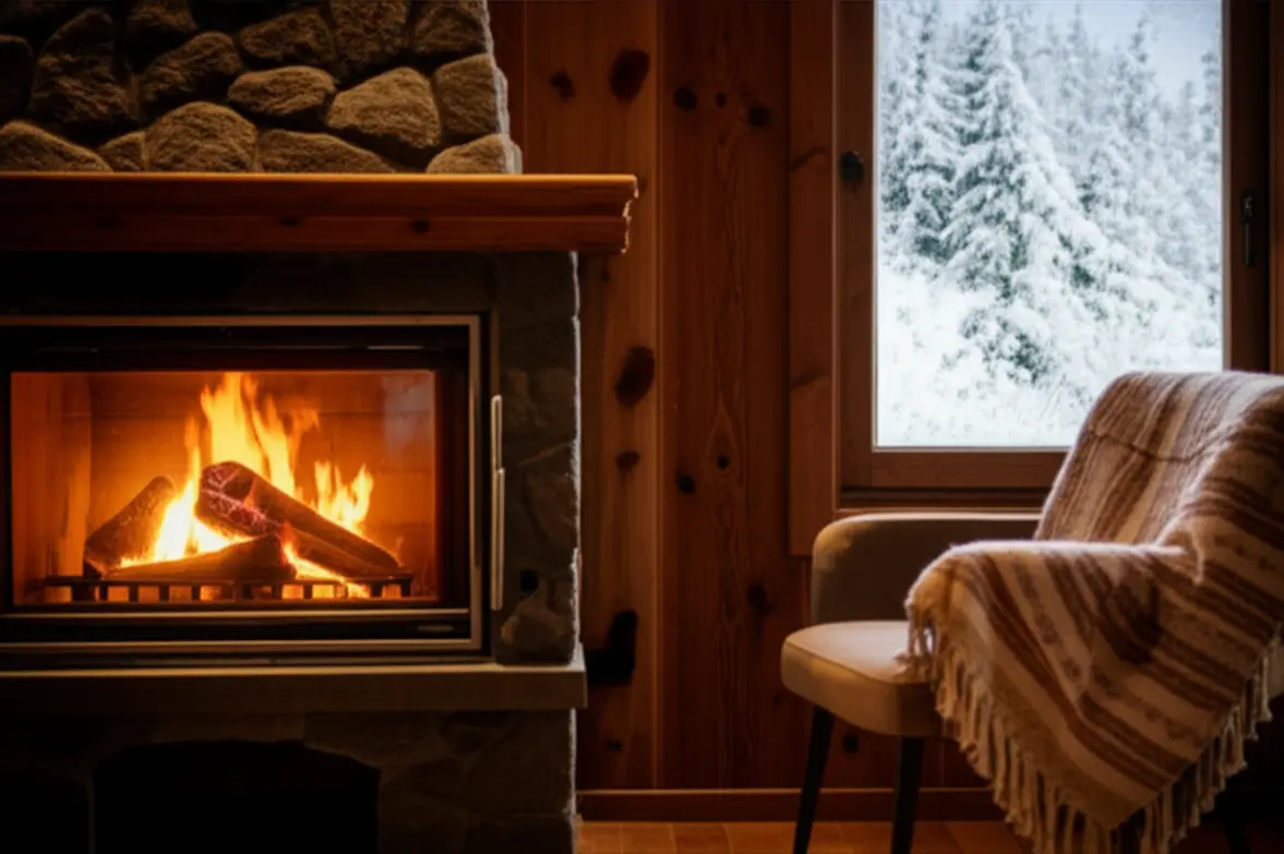 Interior de chalé rústico com lareira em São Joaquim.