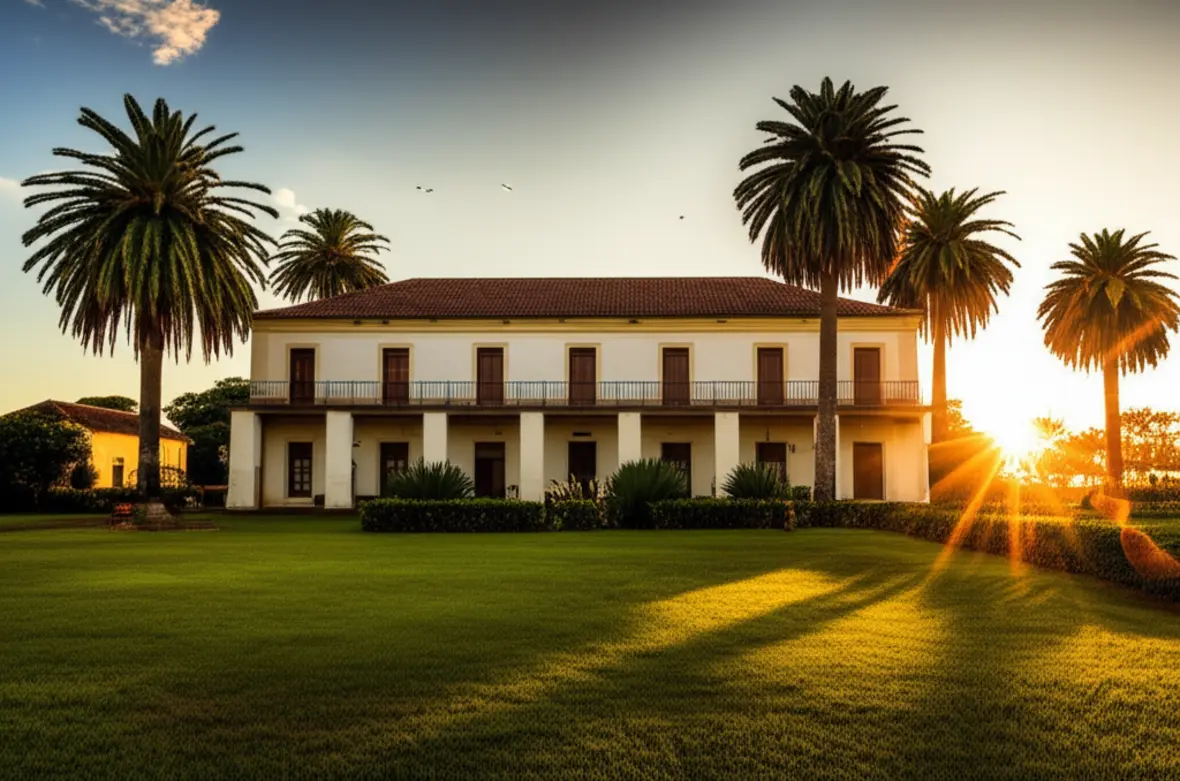 Casarão antigo da Charqueada São João com jardins.