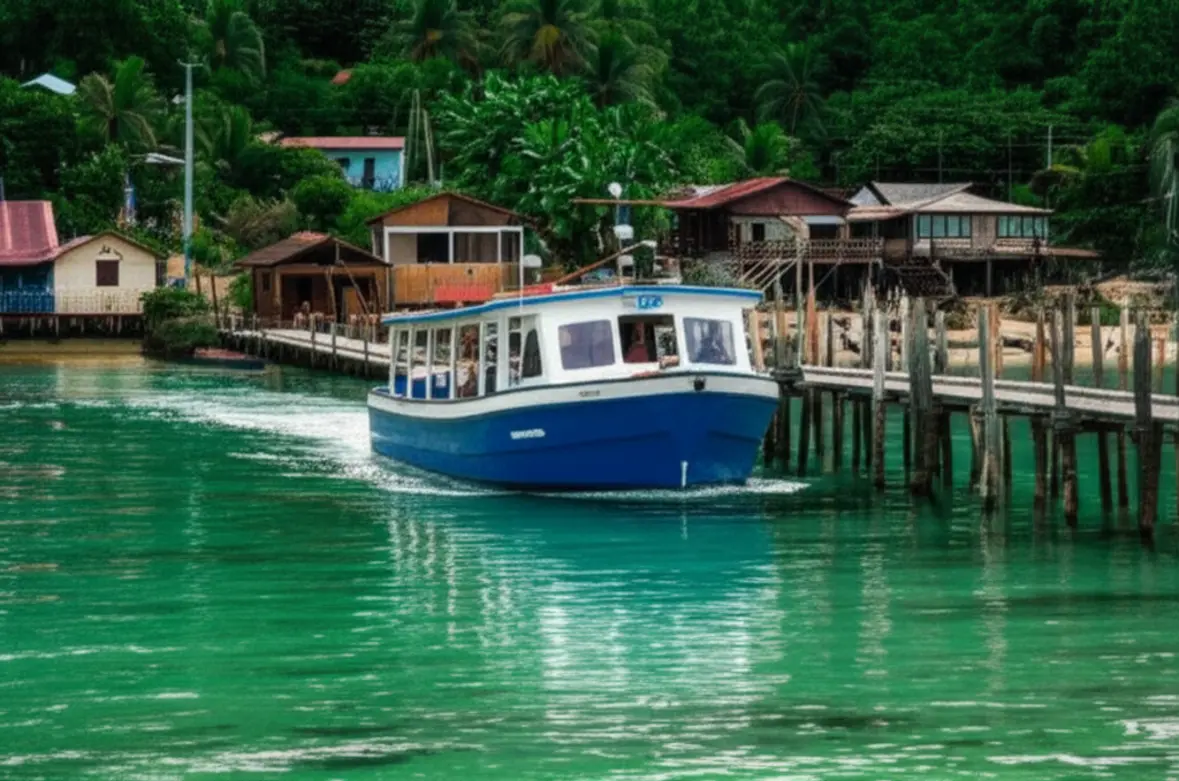 Barco chegando ao trapiche de madeira em uma vila da Ilha do Mel, simbolizando o meio de transporte.