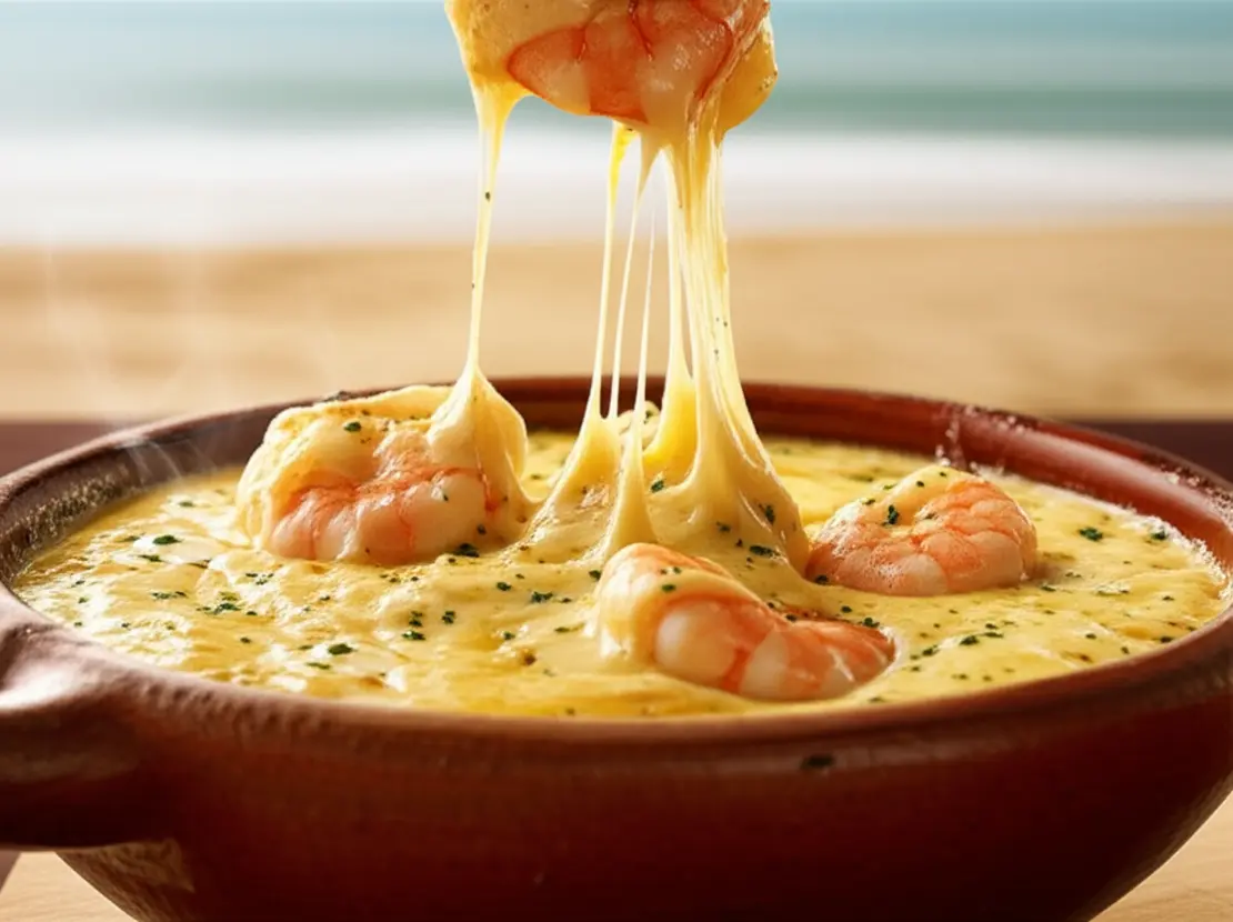 Prato de Chiclete de Camarão cremoso e borbulhante em panela de barro com foco na textura do queijo.