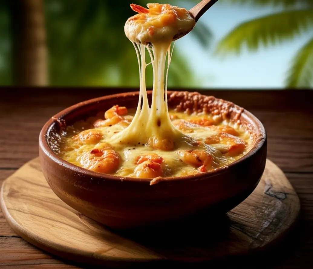 Prato de Chiclete de Camarão, iguaria de Maragogi com queijo e camarão.