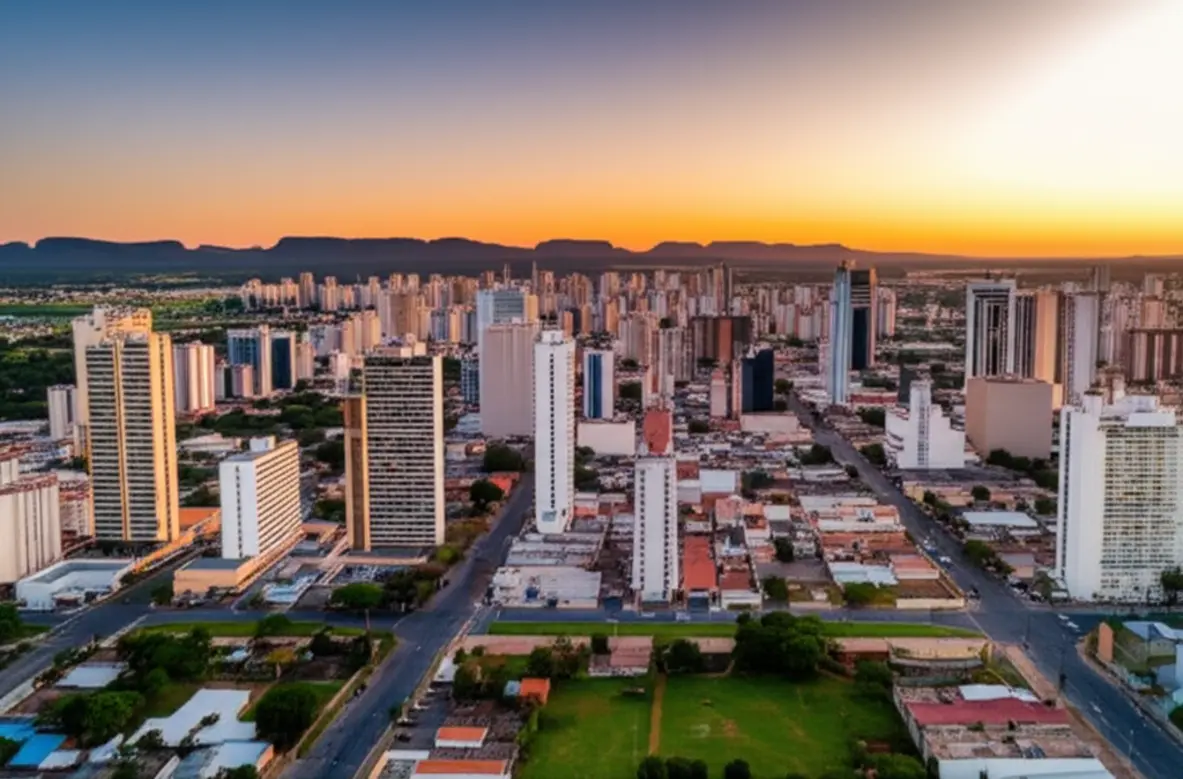 Vista panorâmica da cidade de Cuiabá ao entardecer com o horizonte da Chapada dos Guimarães.