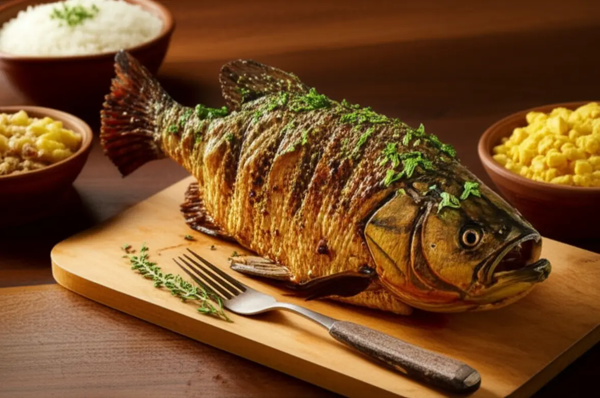 Prato de pacu assado, peixe de rio, servido com acompanhamentos regionais.