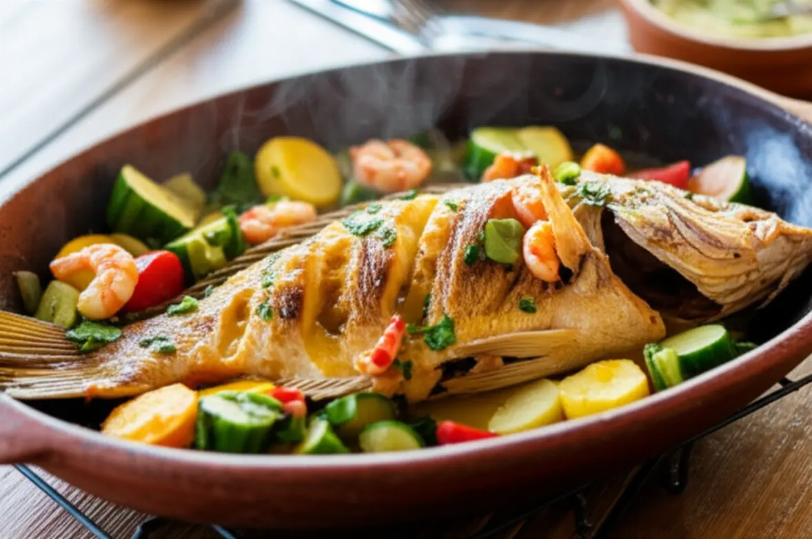 Prato de Peixe na Telha em telha de barro, especialidade de Torres.