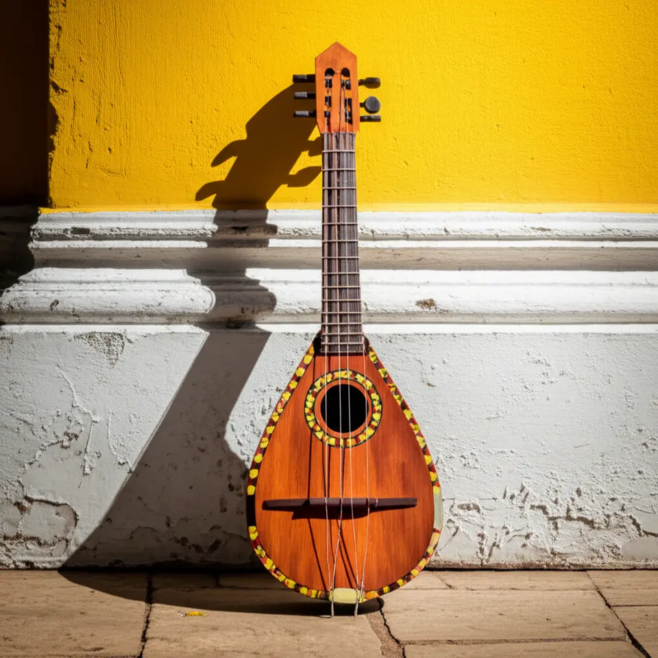 close-up de uma viola de cocho em frente à fachada colorida da Igreja de Nossa Senhora do Rosário em Cuiabá.