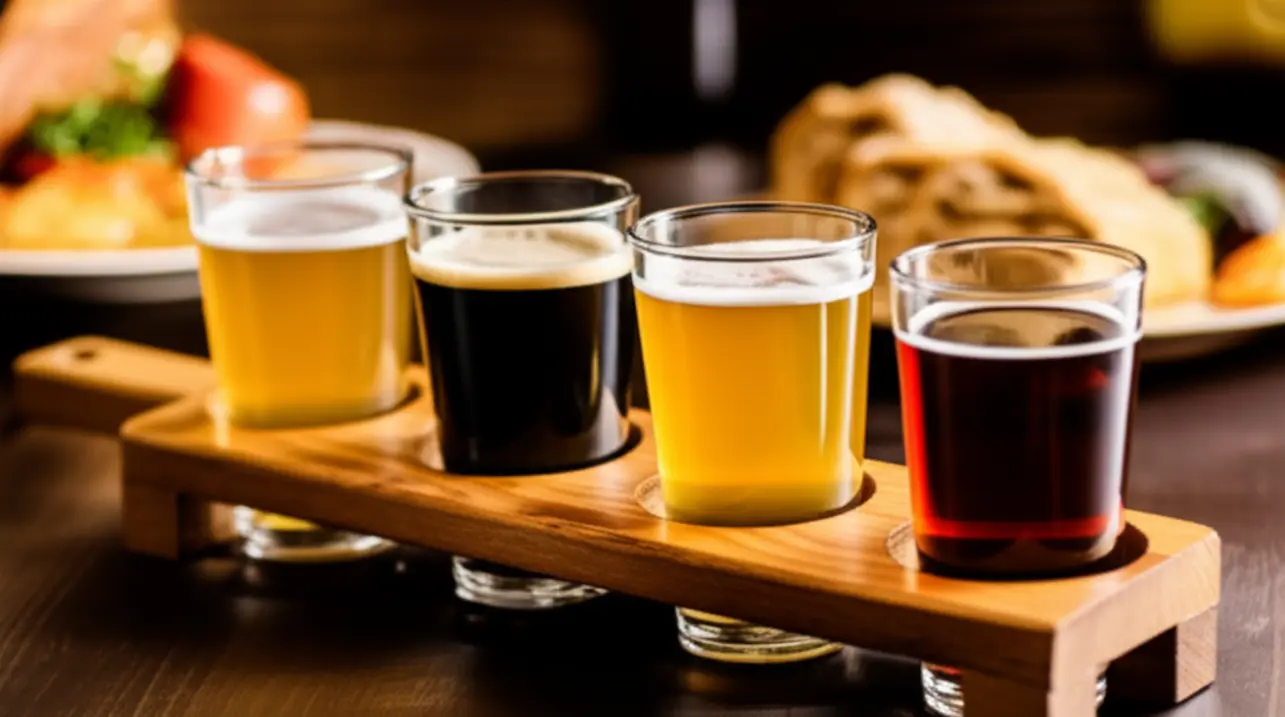 Régua de degustação com quatro tipos de cerveja artesanal em Petrópolis.