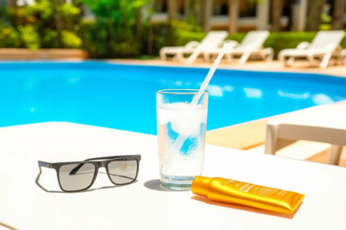 Óculos de sol, protetor solar e água em borda de piscina.