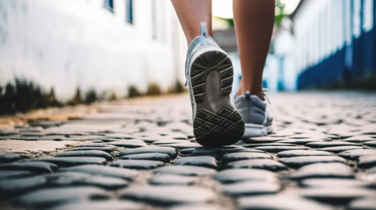 Pés em tênis caminhando em rua de pedra irregular de Paraty.