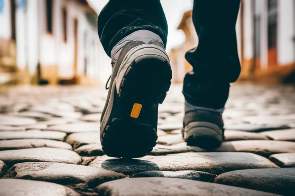Detalhe de botas de caminhada sobre as pedras irregulares das ruas de Diamantina.