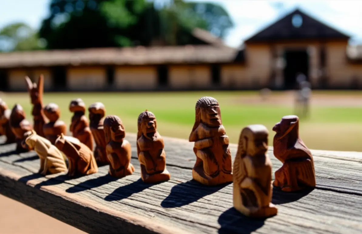 Artesanato indígena Guarani de madeira exposto sob a luz do sol em São Miguel.