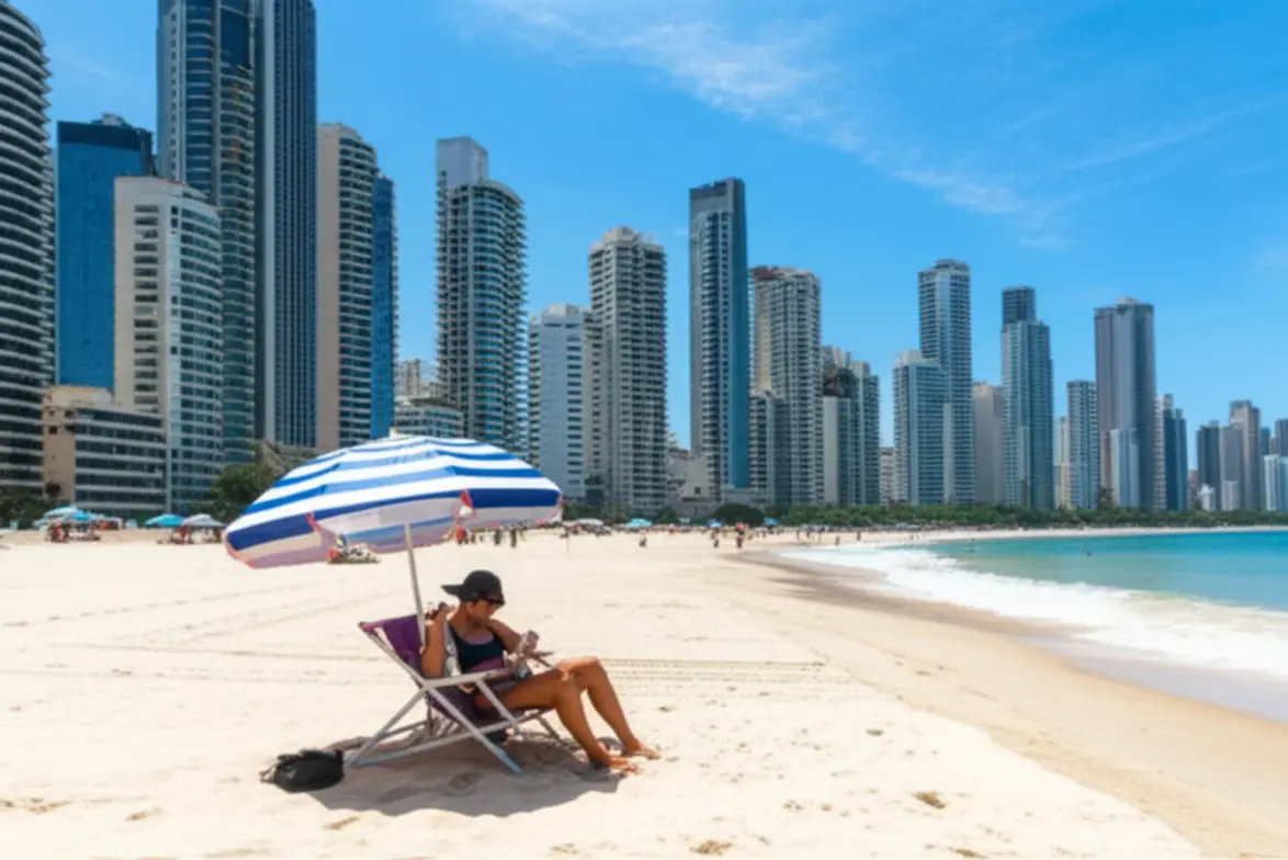 Pessoa aplicando protetor solar na Praia Central com skyline ao fundo.