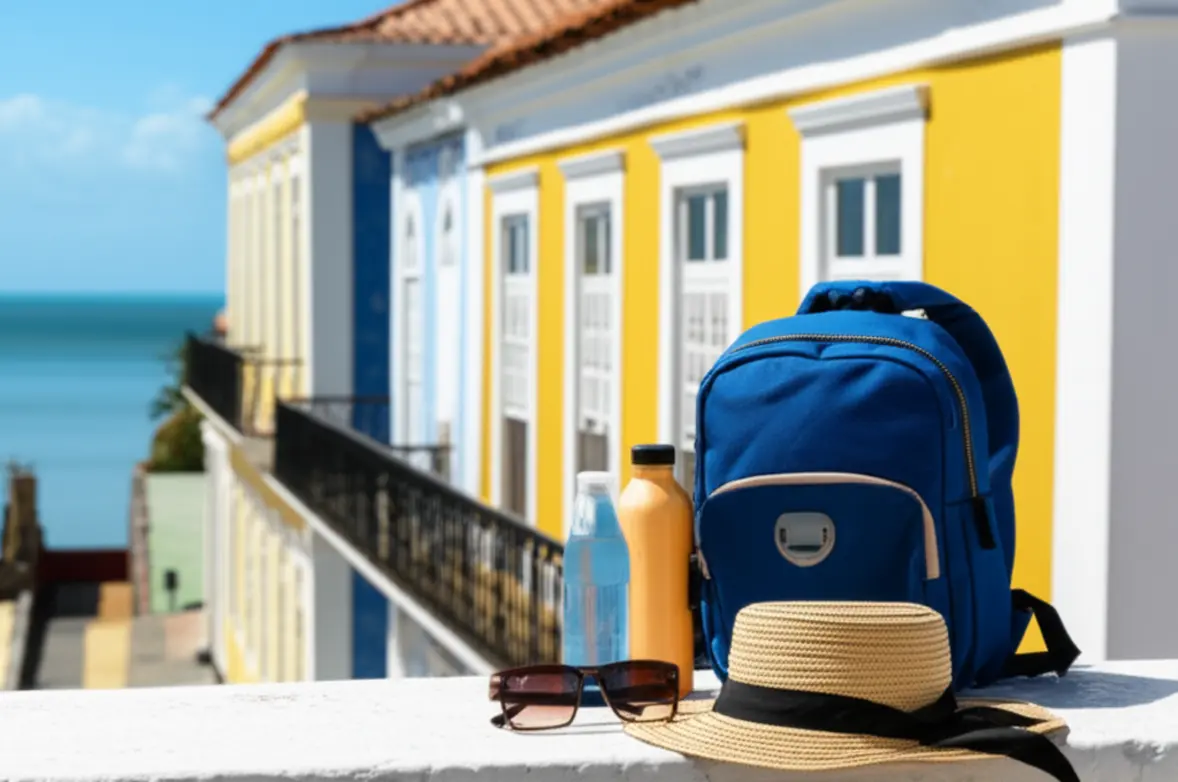 Chapéu, protetor solar e água em uma sacada, simbolizando dicas de segurança em viagem.