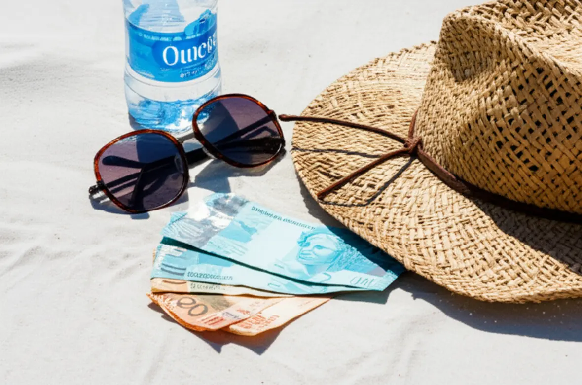Chapéu de palha, óculos escuros e dinheiro em espécie sobre a areia branca.