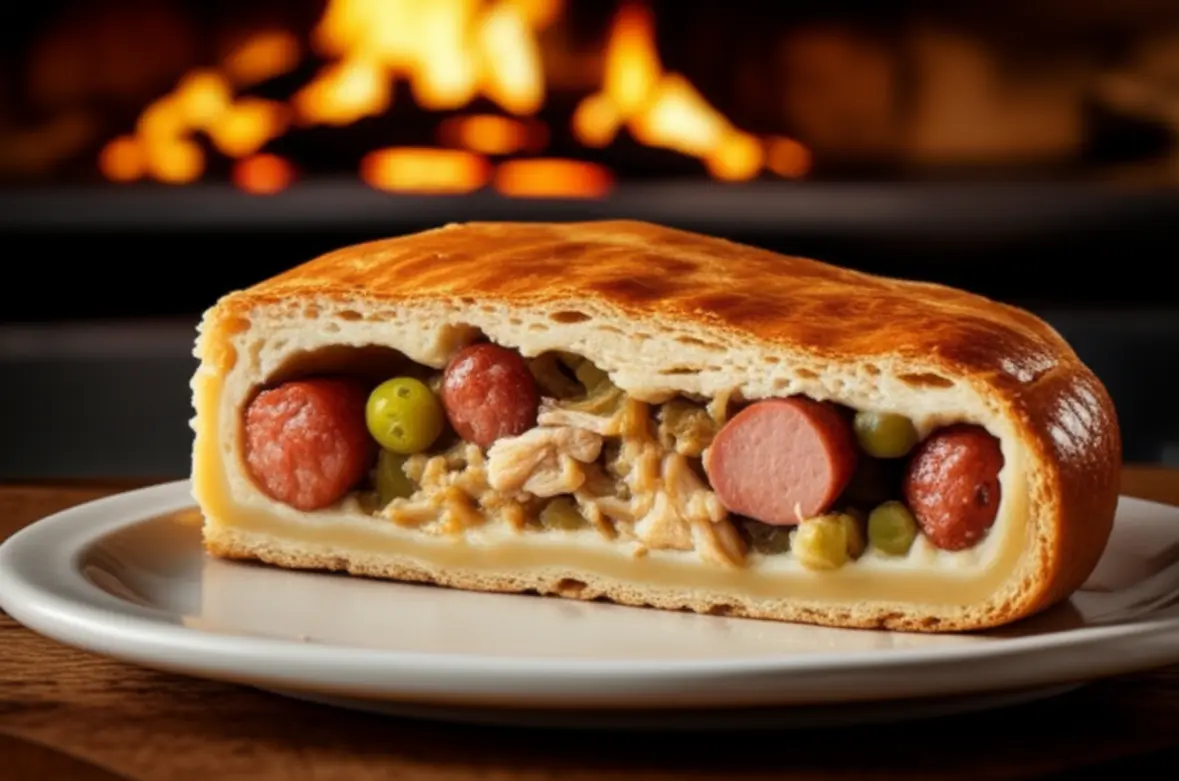 Close-up apetitoso de um Empadão Goiano tradicional em restaurante goiano.