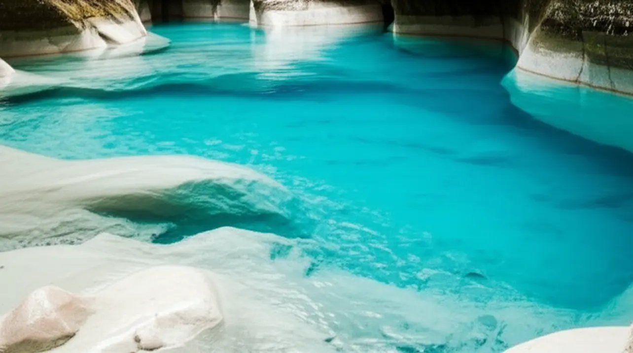 Piscina natural azul-turquesa com pedras de quartzo na Chapada dos Veadeiros.