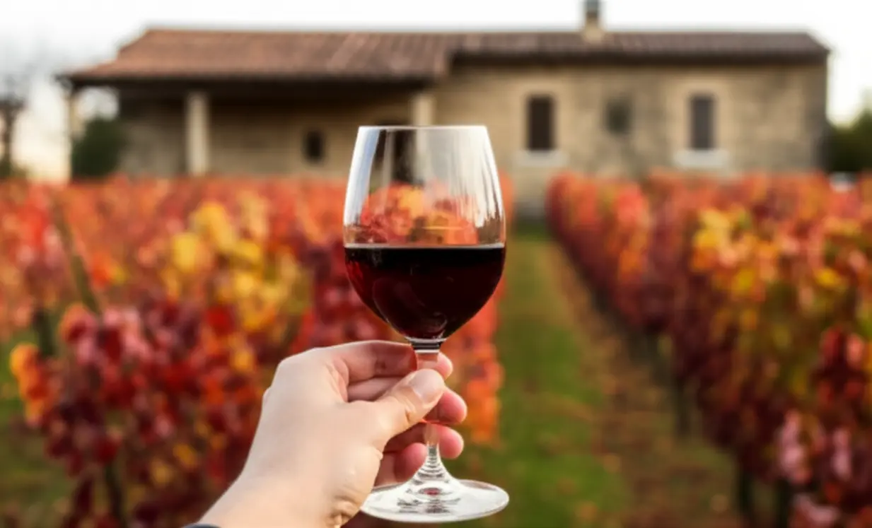 Taça de vinho tinto com vinhedos e arquitetura italiana desfocados ao fundo.