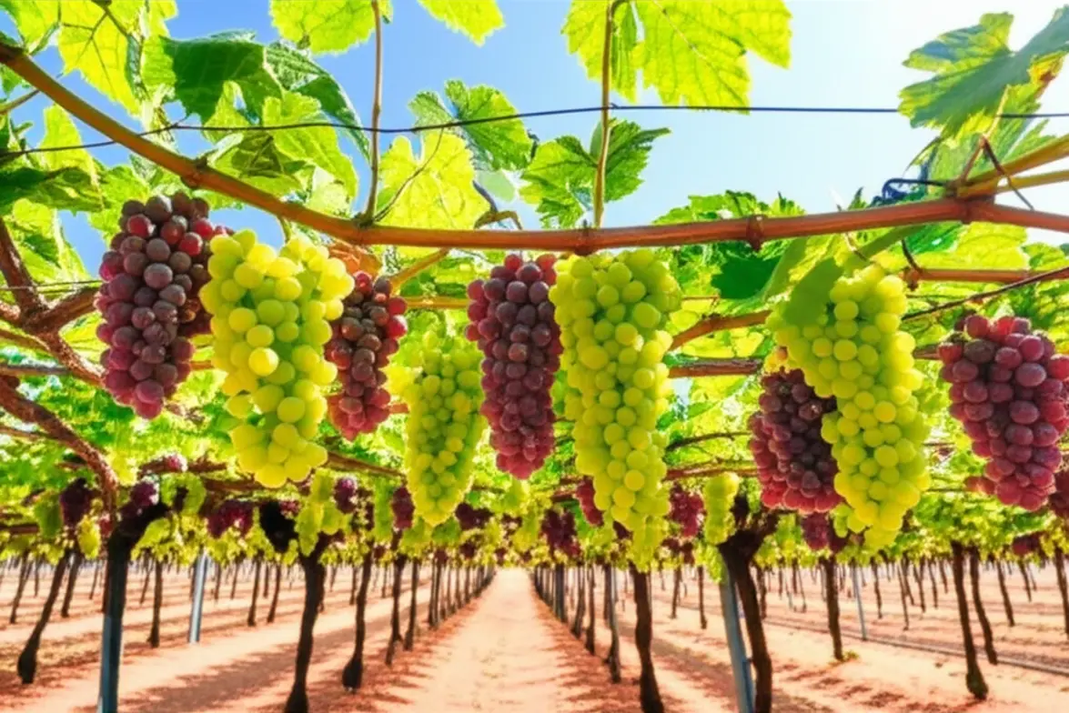 Parreiras de uvas verdes e roxas em uma vinícola irrigada em Petrolina, Vale do São Francisco.