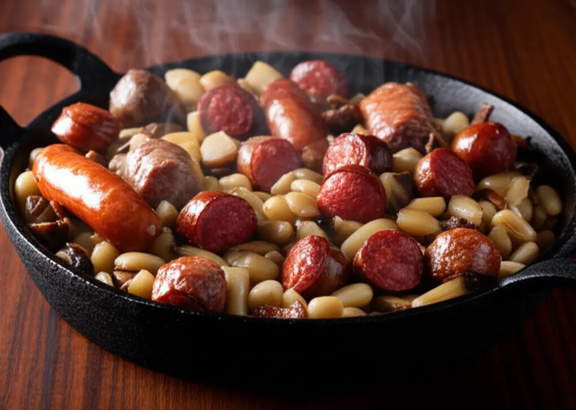 Prato tradicional de Entrevero com pinhão em panela de ferro.