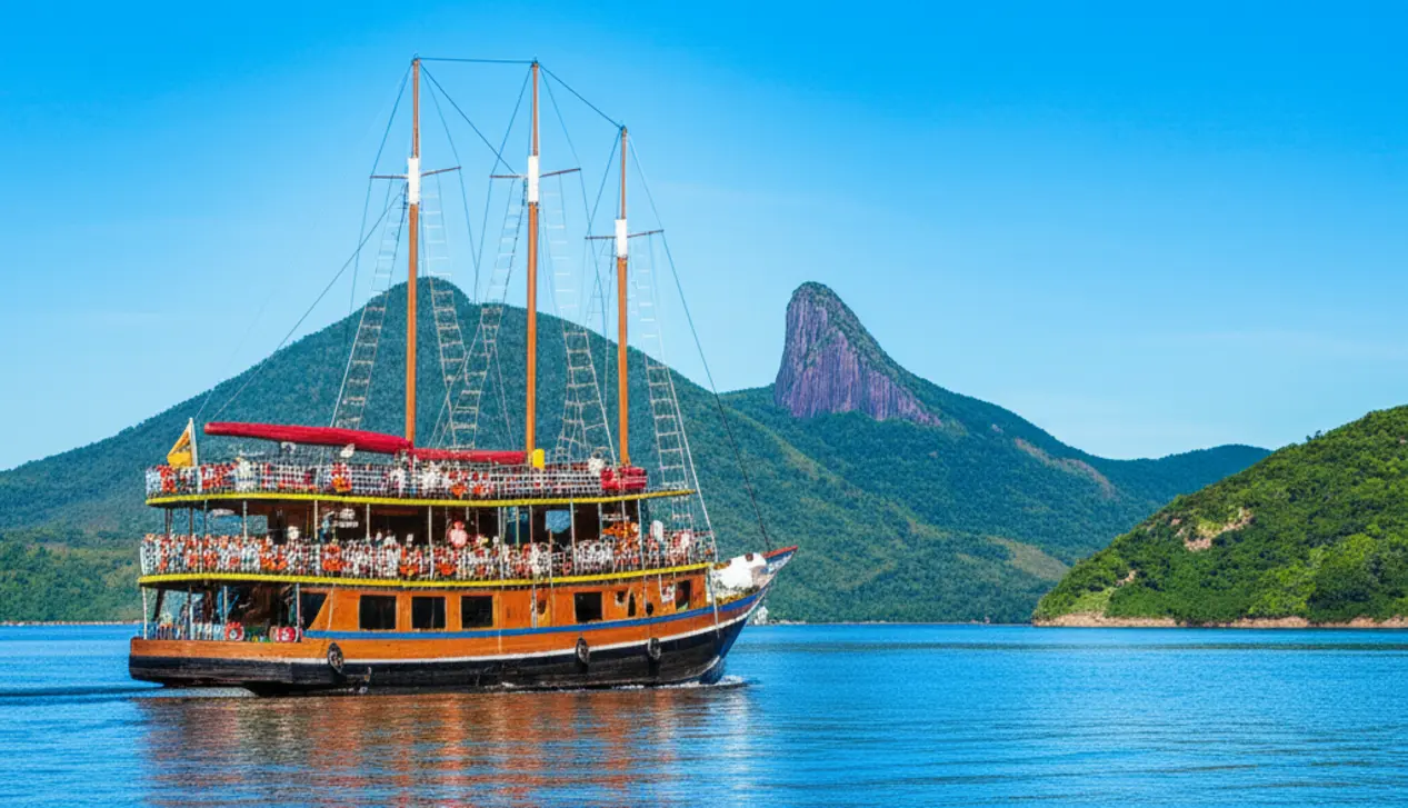 Escuna cheia de turistas navegando em segurança pela baía de Angra dos Reis.