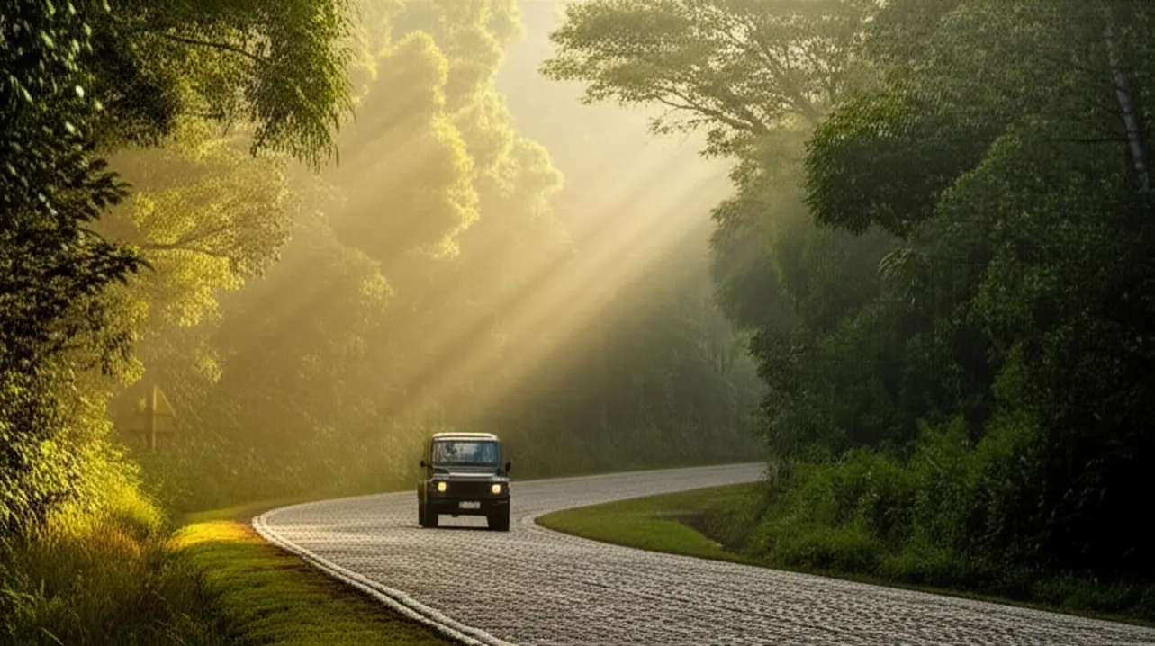 Estrada da Graciosa sob a Mata Atlântica com neblina