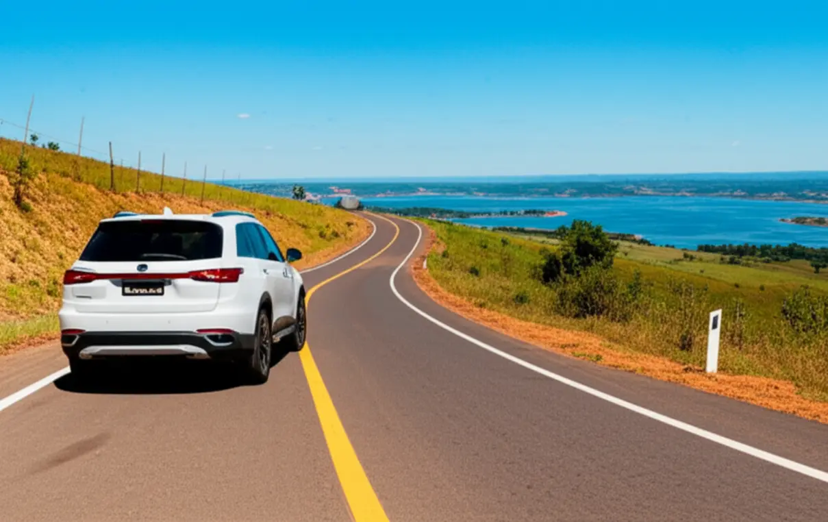 Carro estacionado em estrada com vista para o Lago de Furnas.