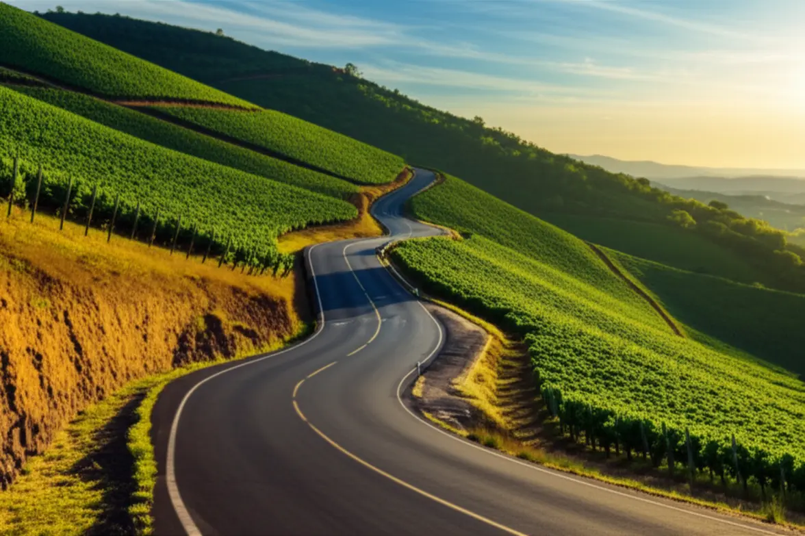 Estrada sinuosa na Serra Gaúcha com vinhedos ao redor.