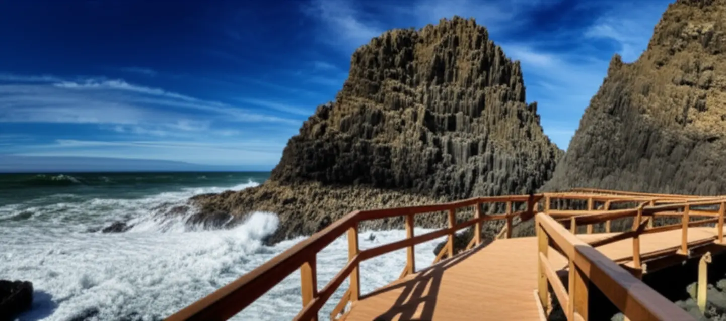 Falésias basálticas e ondas quebrando na Praia da Guarita, Torres.