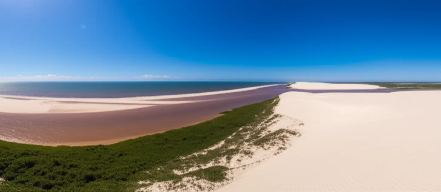 Vista panorâmica do Farol Preguiças mostrando o encontro do rio e o mar.