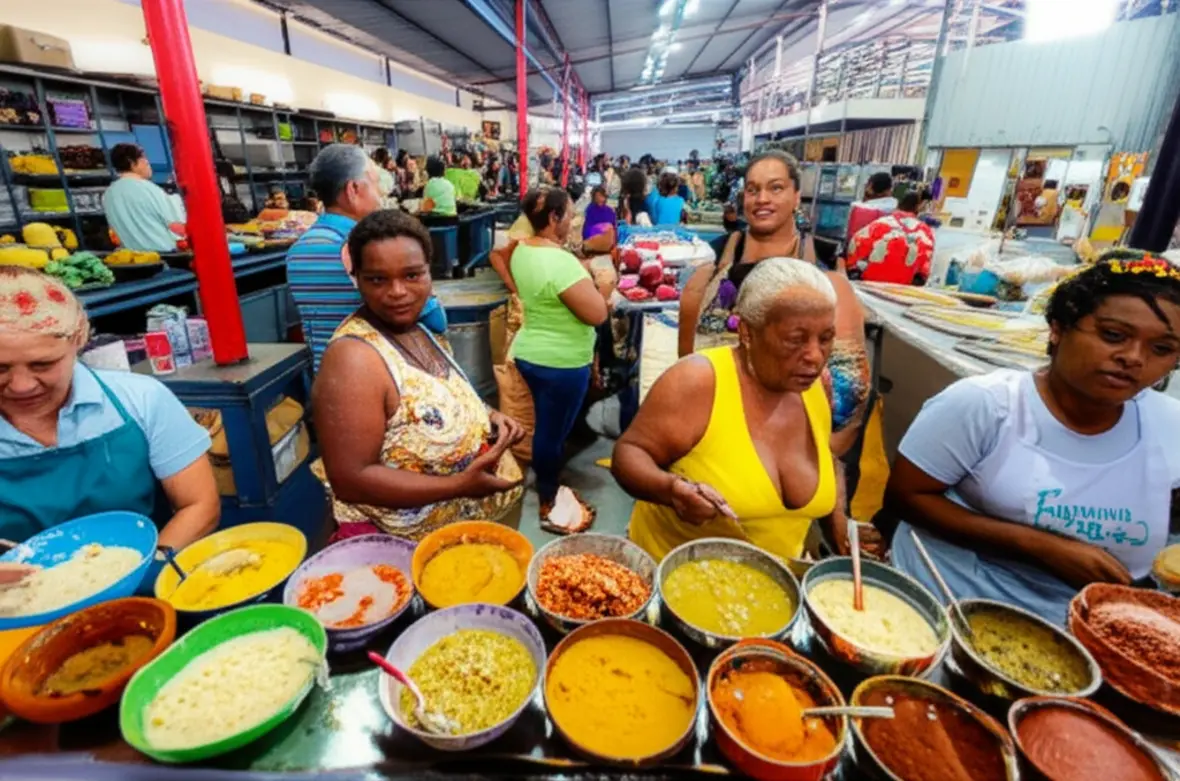Feira Central de Campina Grande movimentada, com pessoas comendo em barraca de comida local.