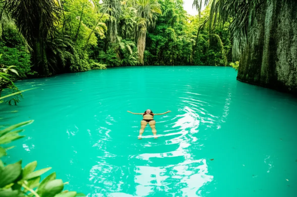 Pessoa flutuando em fervedouro de água azul-turquesa cercado por vegetação.