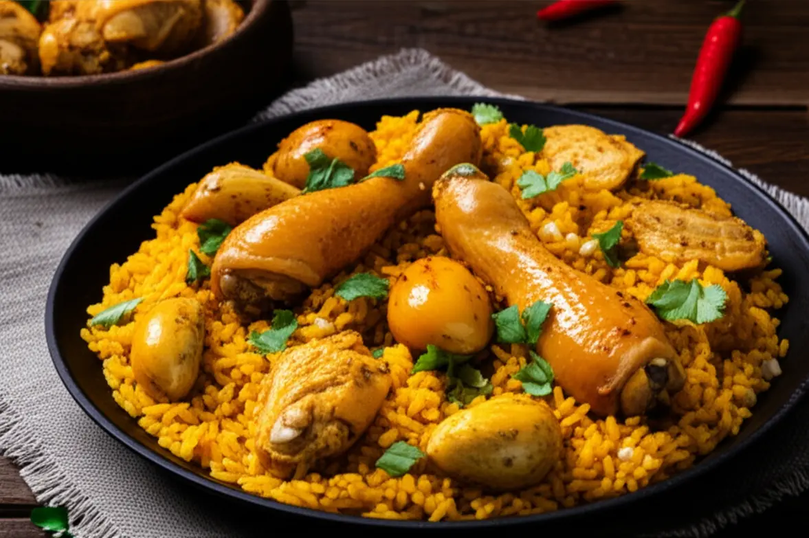 Prato de Galinhada com pequi e arroz em restaurante.