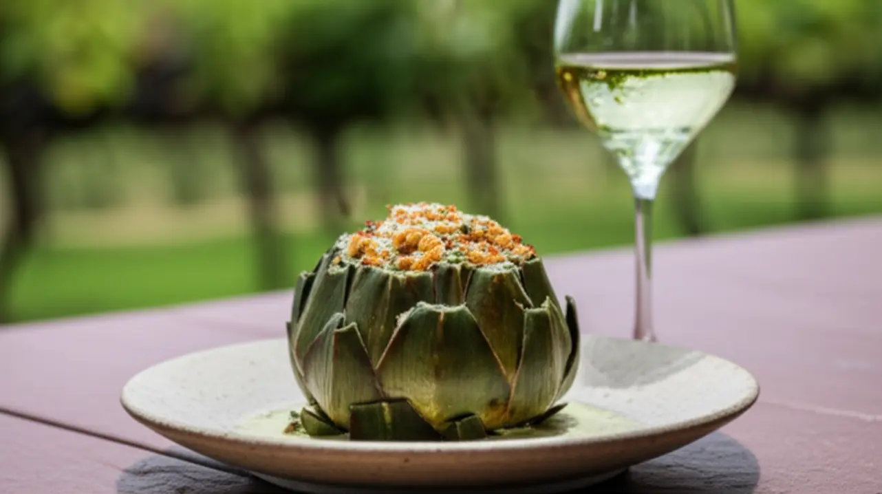 Prato de alcachofra recheada gourmet em um restaurante de São Roque.