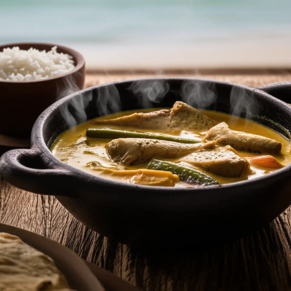 Prato tradicional Azul Marinho servido em uma panela de barro sobre mesa de madeira rústica.