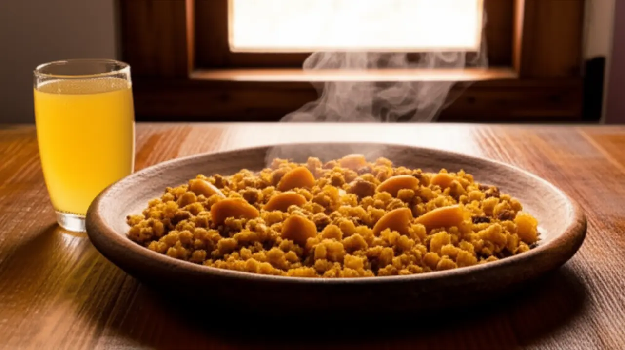 Prato de Baião de Dois com pequi e uma garrafa de Cajuína ao lado.