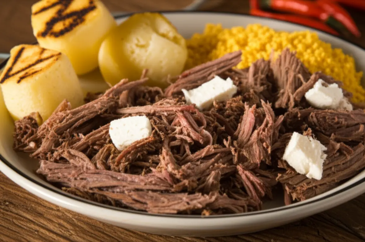 Prato de Carne de Sol com Macaxeira e queijo coalho na gastronomia paraibana.