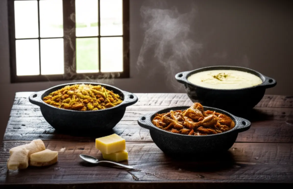 Pratos típicos da culinária mineira servidos em panelas de barro e pedra sabão.