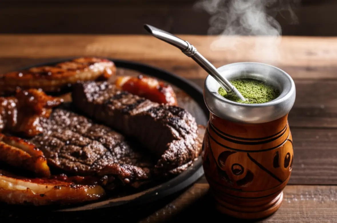 Um tradicional chimarrão gaúcho e carne de churrasco sobre uma mesa de madeira rústica.