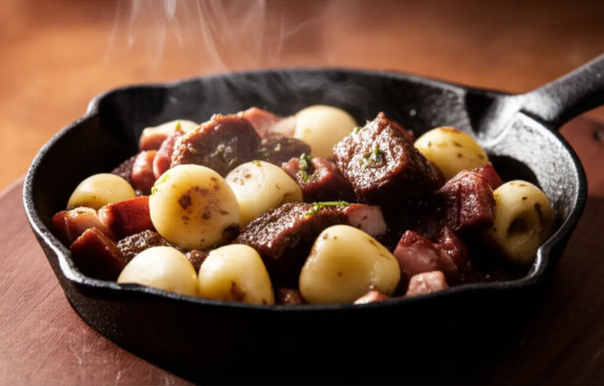 Prato típico Entrevero Serrano com pinhão em uma panela de ferro.