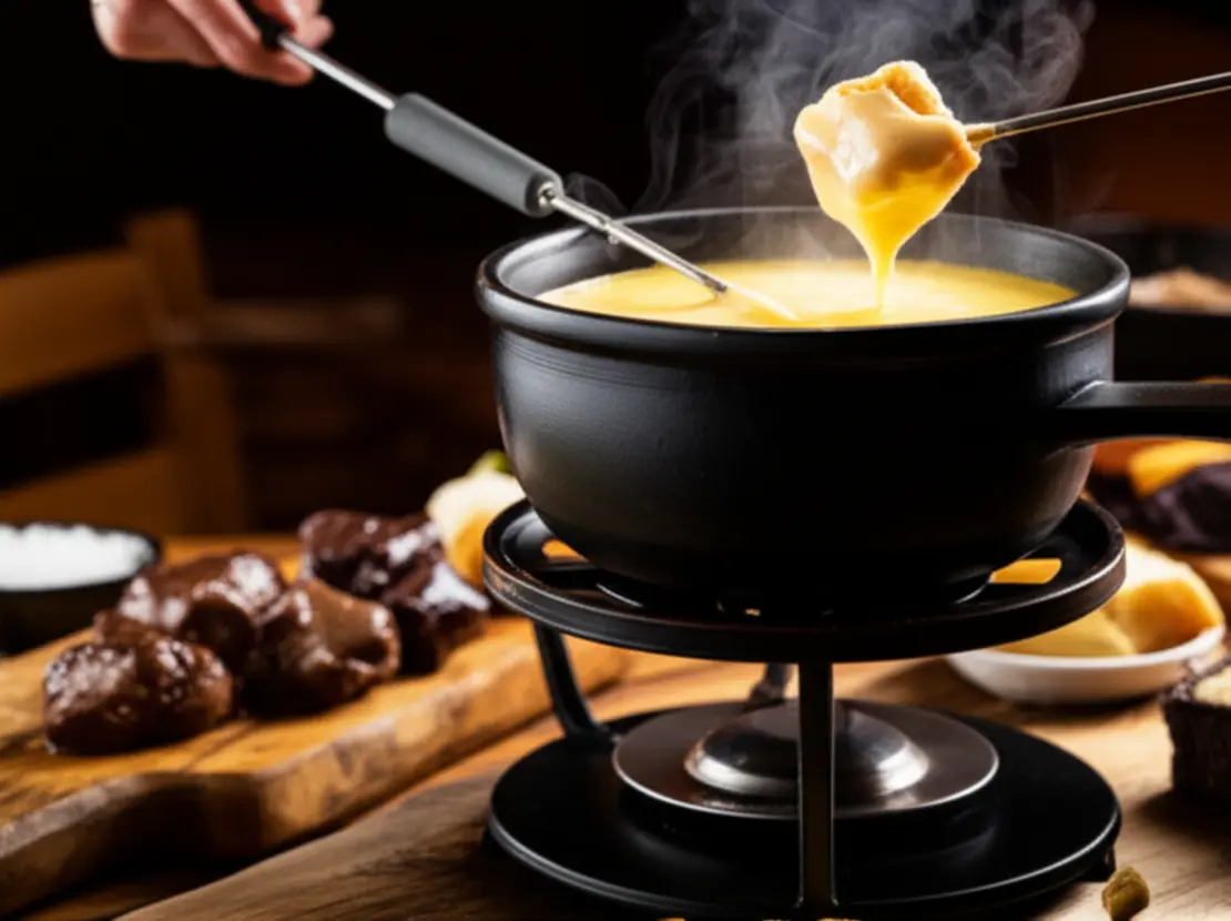 Sequência de fondue de queijo, carne e chocolate servida em um restaurante aconchegante de Monte Verde.